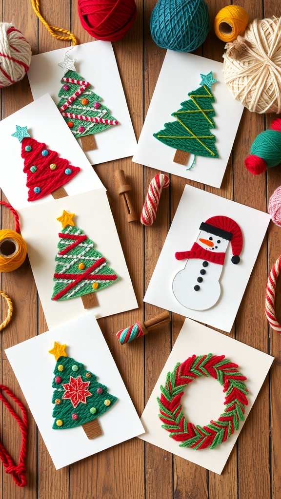 Handmade yarn Christmas cards with festive designs on a wooden table.